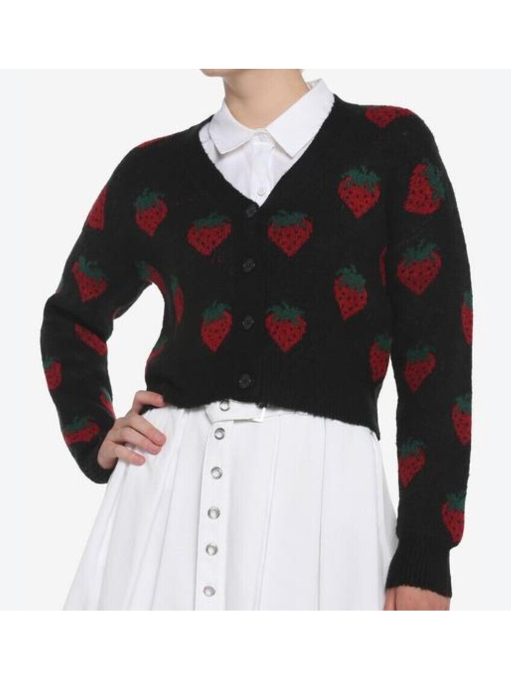 Sweet Society Black Strawberry Cropped Cardigan Sweater Size L Whimsygoth Y2K